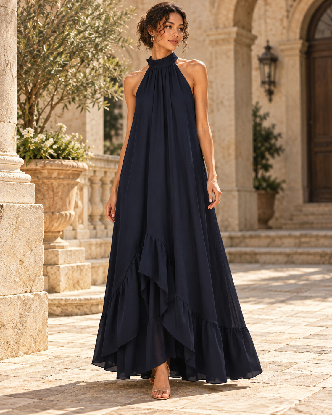 ROBE LONGUE COL AMÉRICAIN VOLANT ASYMÉTRIQUE
