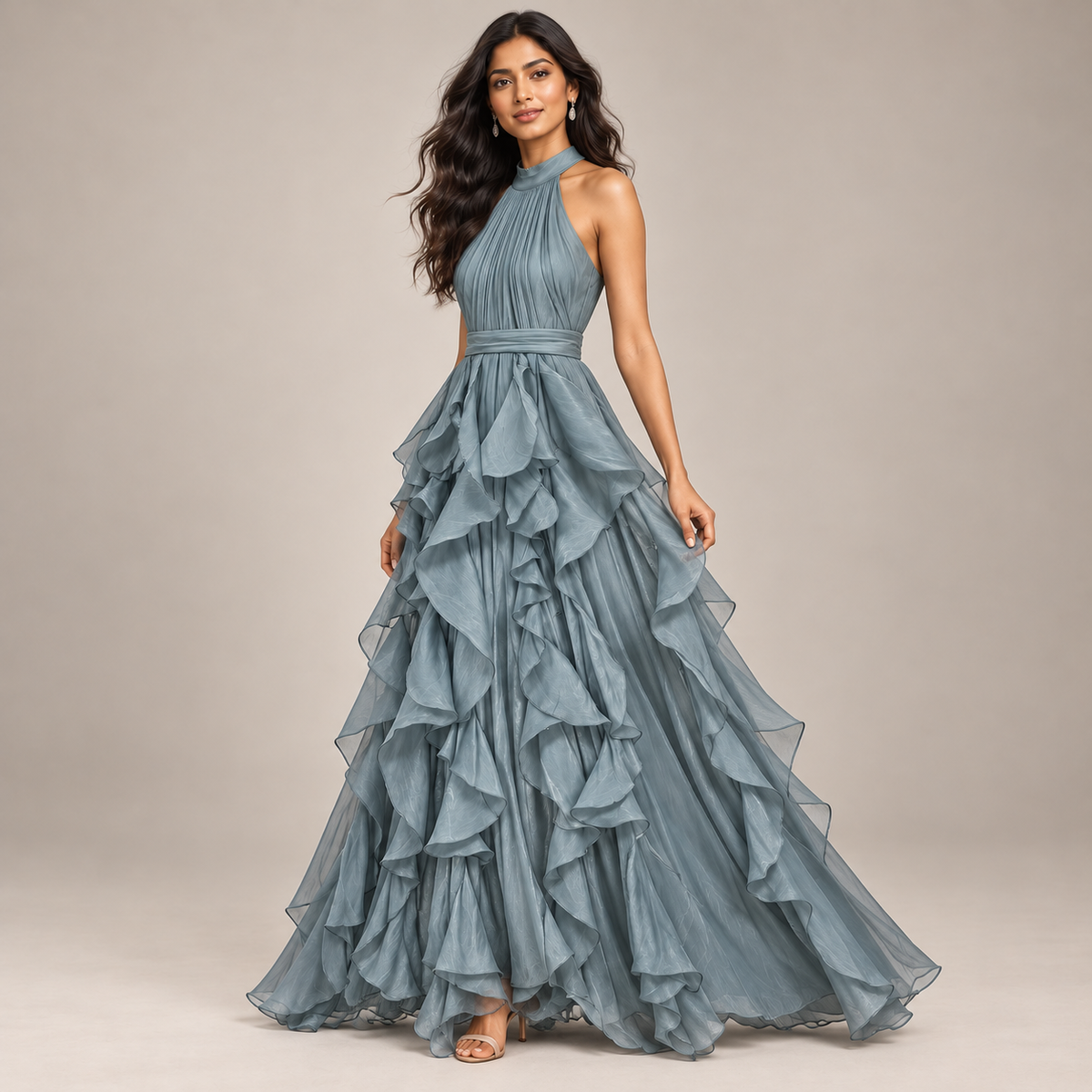 ROBE LONGUE À VOLANTS COL AMÉRICAIN