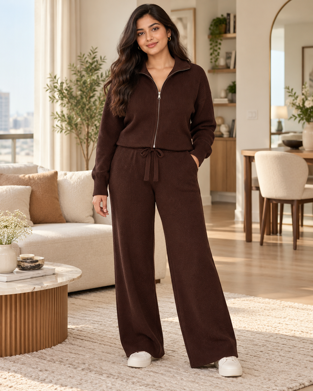 ENSEMBLE VESTE ZIPPÉE PANTALON CORDON EN MAILLE