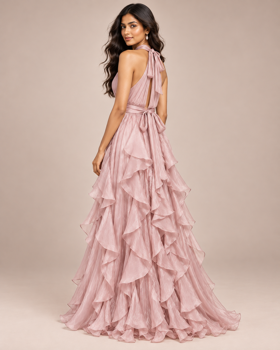 ROBE LONGUE À VOLANTS COL AMÉRICAIN