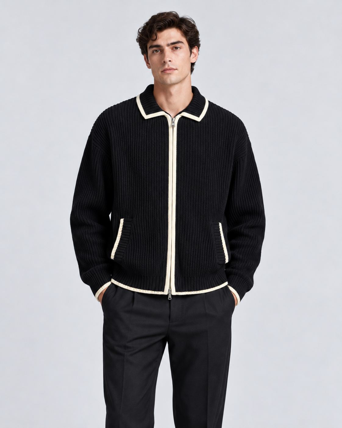 CARDIGAN ZIPPÉ À COL CONTRASTÉ