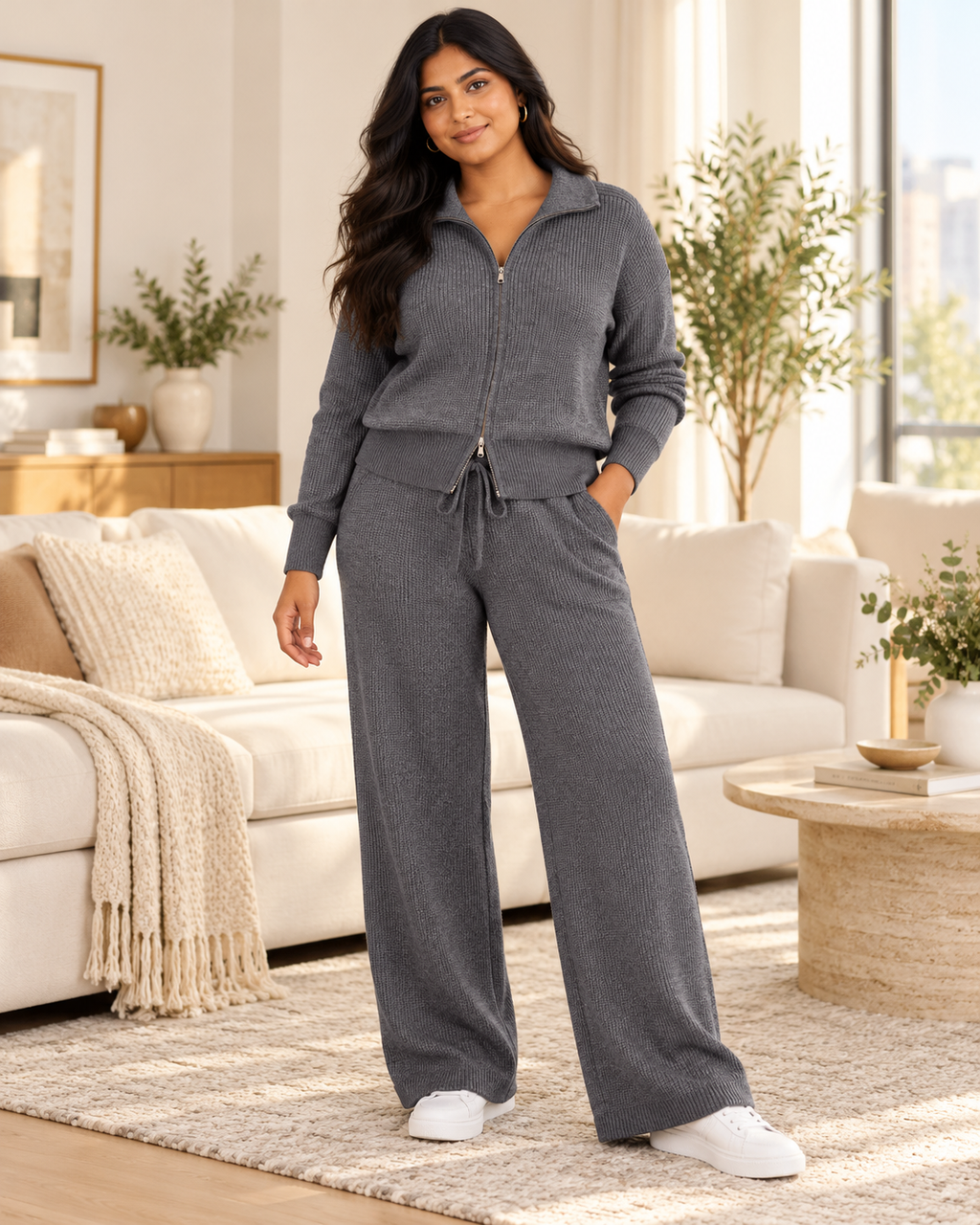 ENSEMBLE VESTE ZIPPÉE PANTALON CORDON EN MAILLE
