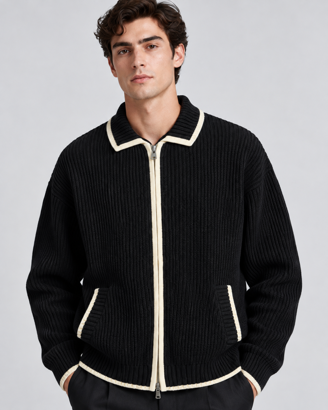 CARDIGAN ZIPPÉ À COL CONTRASTÉ