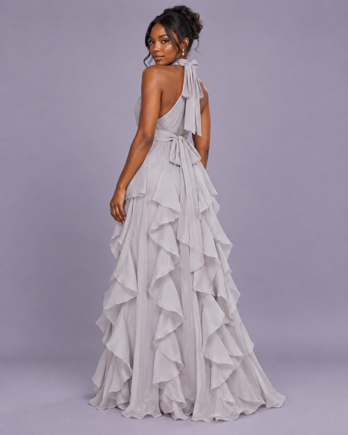 ROBE LONGUE À VOLANTS COL AMÉRICAIN