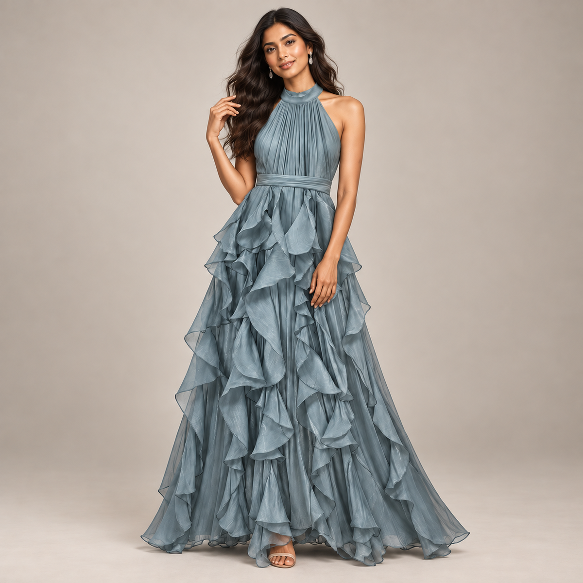 ROBE LONGUE À VOLANTS COL AMÉRICAIN