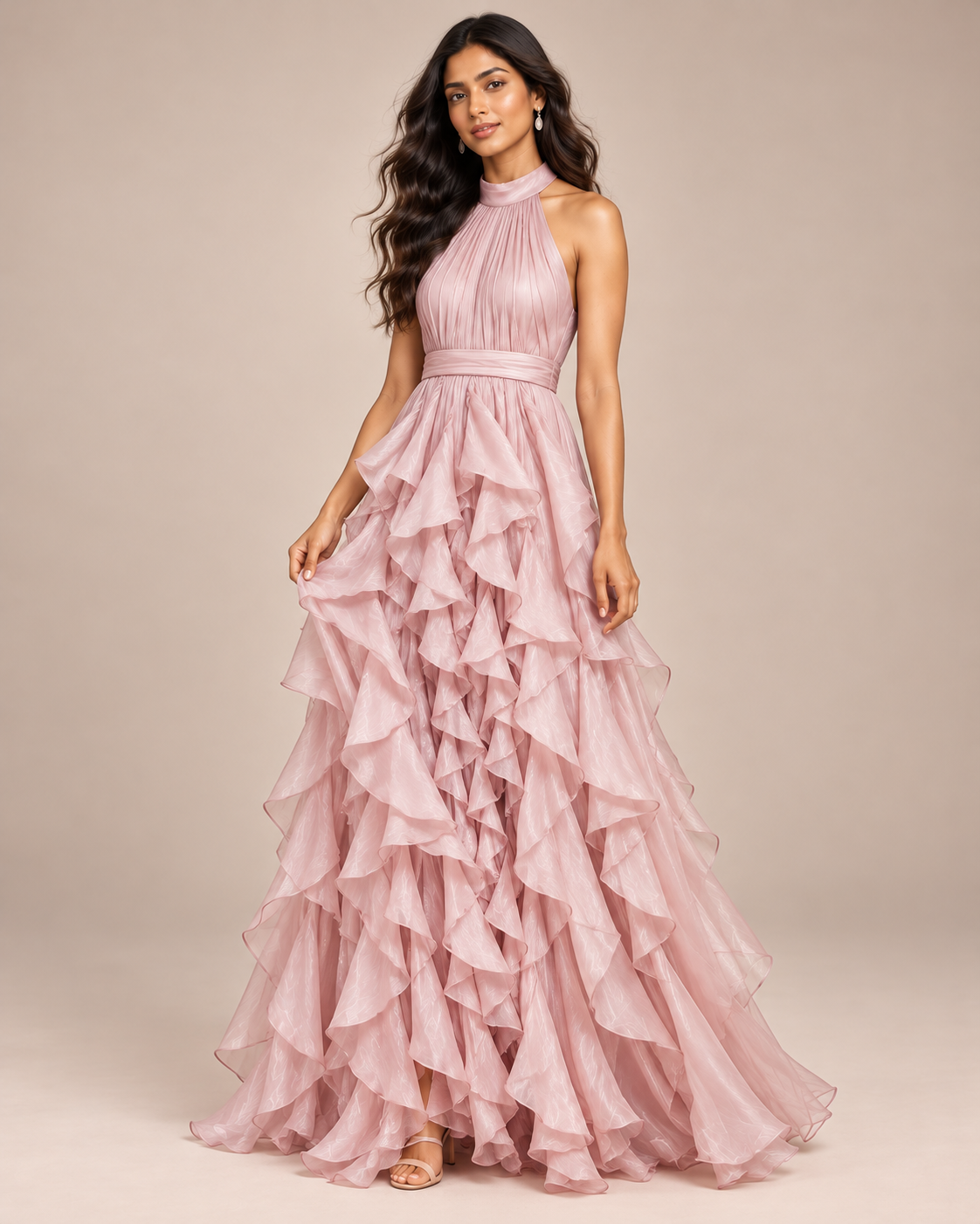 ROBE LONGUE À VOLANTS COL AMÉRICAIN