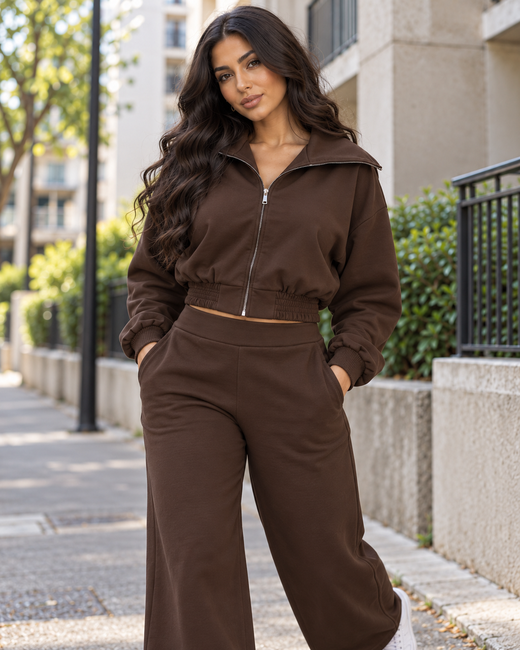 ENSEMBLE VESTE COL ZIPPÉ PANTALON ÉVASÉ