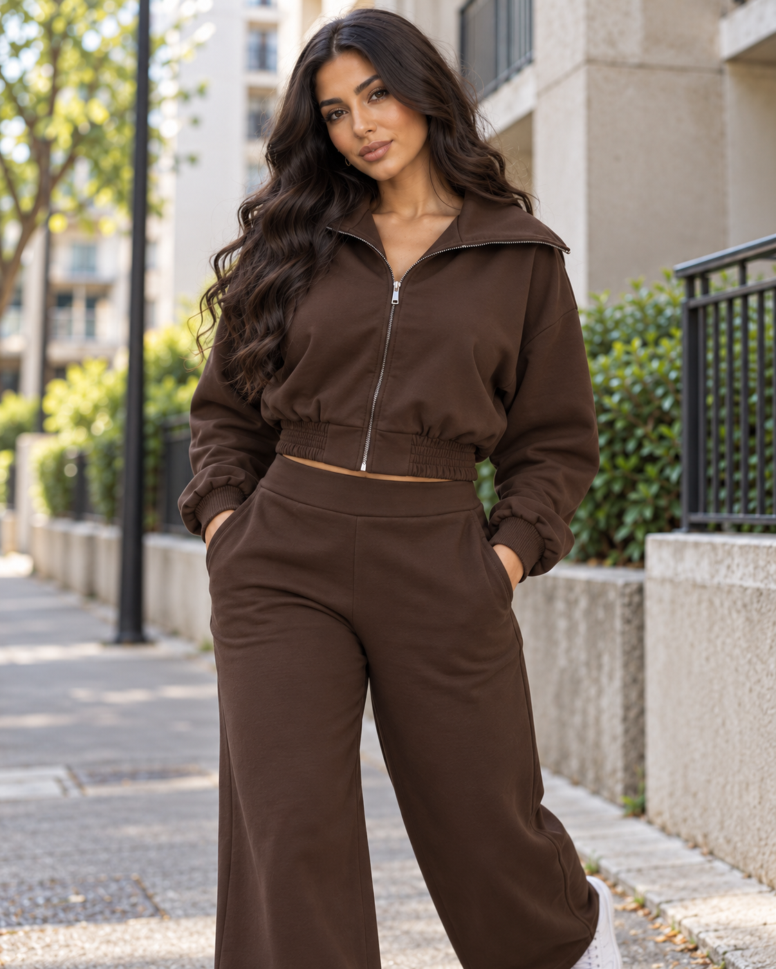 ENSEMBLE VESTE COL ZIPPÉ PANTALON ÉVASÉ
