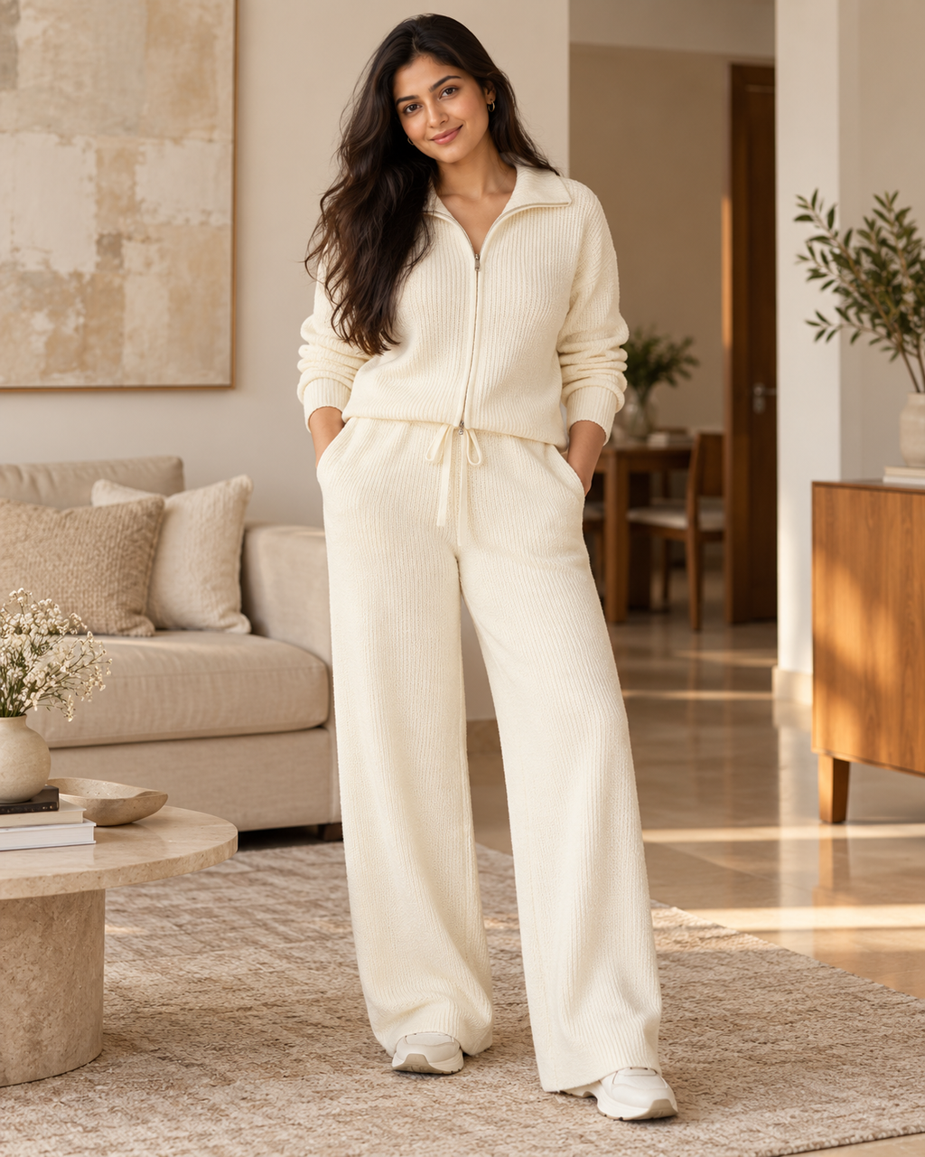ENSEMBLE VESTE ZIPPÉE PANTALON CORDON EN MAILLE
