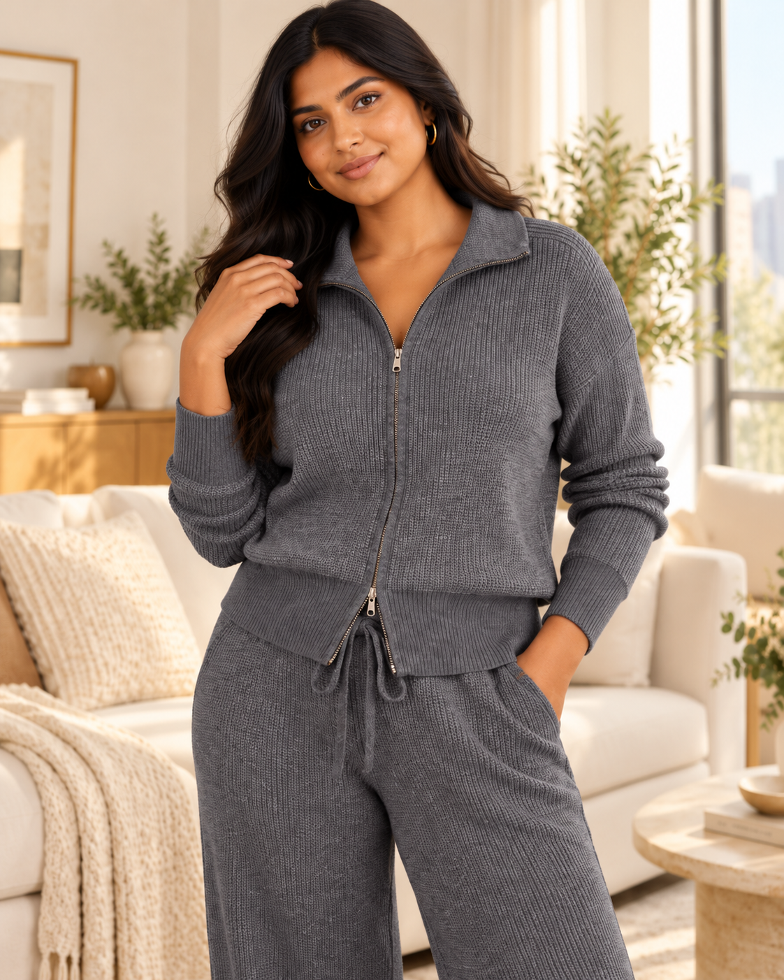ENSEMBLE VESTE ZIPPÉE PANTALON CORDON EN MAILLE