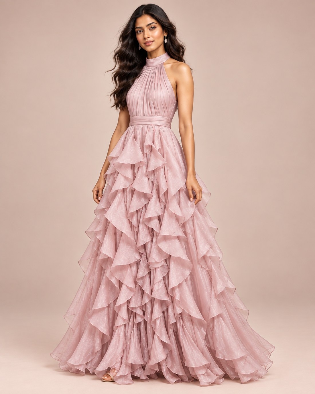 ROBE LONGUE À VOLANTS COL AMÉRICAIN