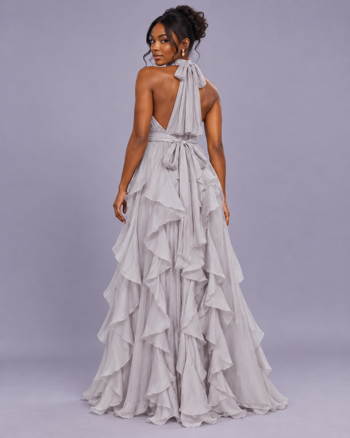 ROBE LONGUE À VOLANTS COL AMÉRICAIN
