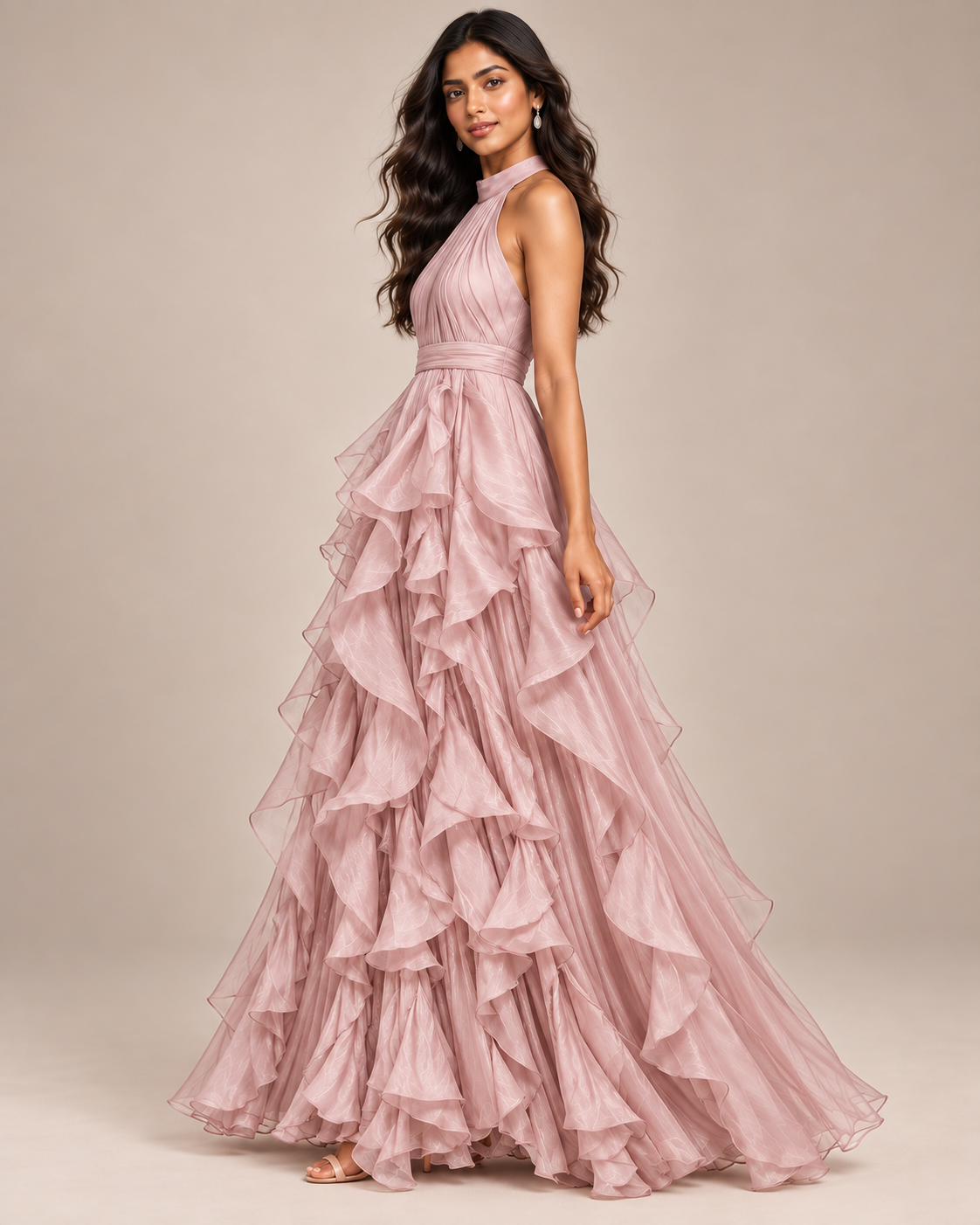 ROBE LONGUE À VOLANTS COL AMÉRICAIN