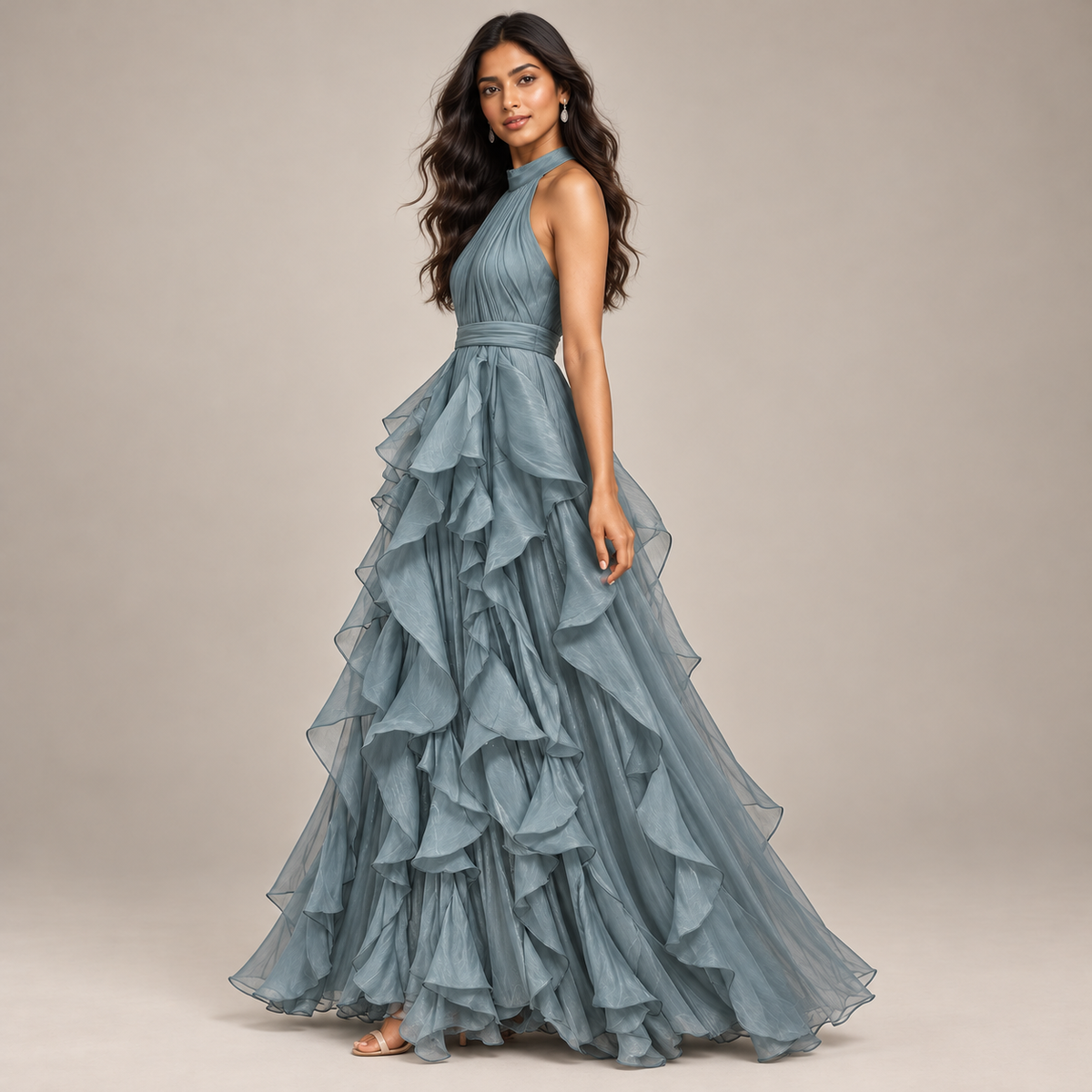 ROBE LONGUE À VOLANTS COL AMÉRICAIN