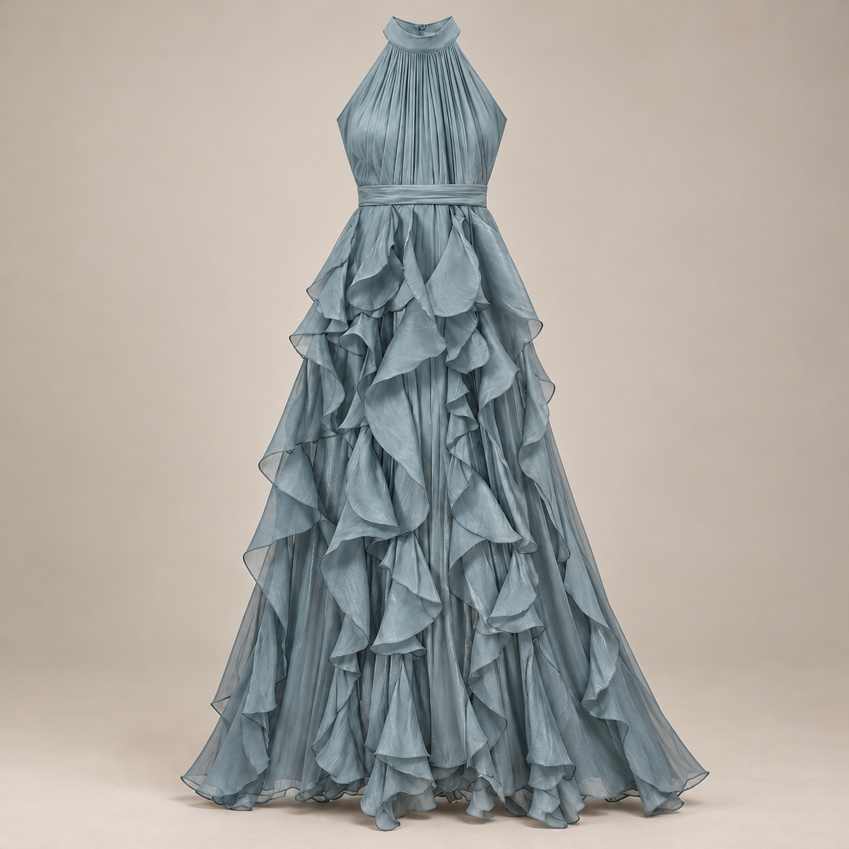 ROBE LONGUE À VOLANTS COL AMÉRICAIN