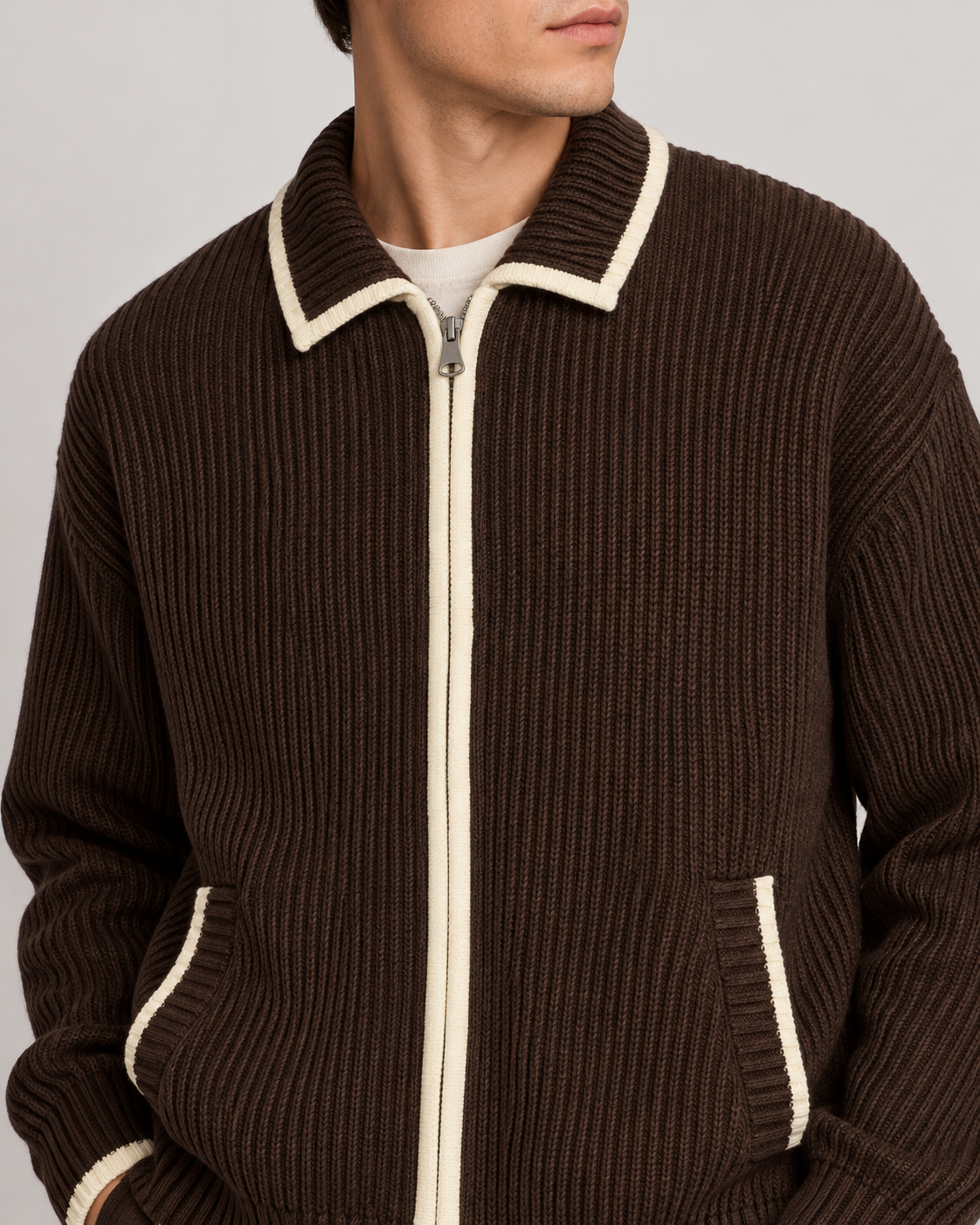 CARDIGAN ZIPPÉ À COL CONTRASTÉ