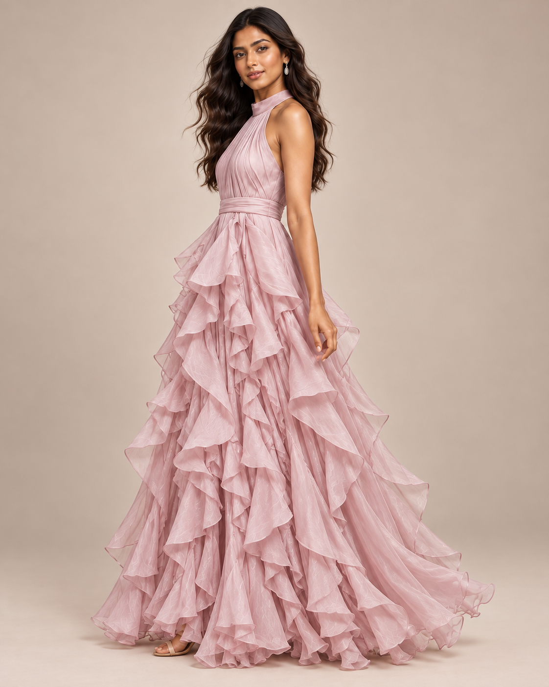 ROBE LONGUE À VOLANTS COL AMÉRICAIN