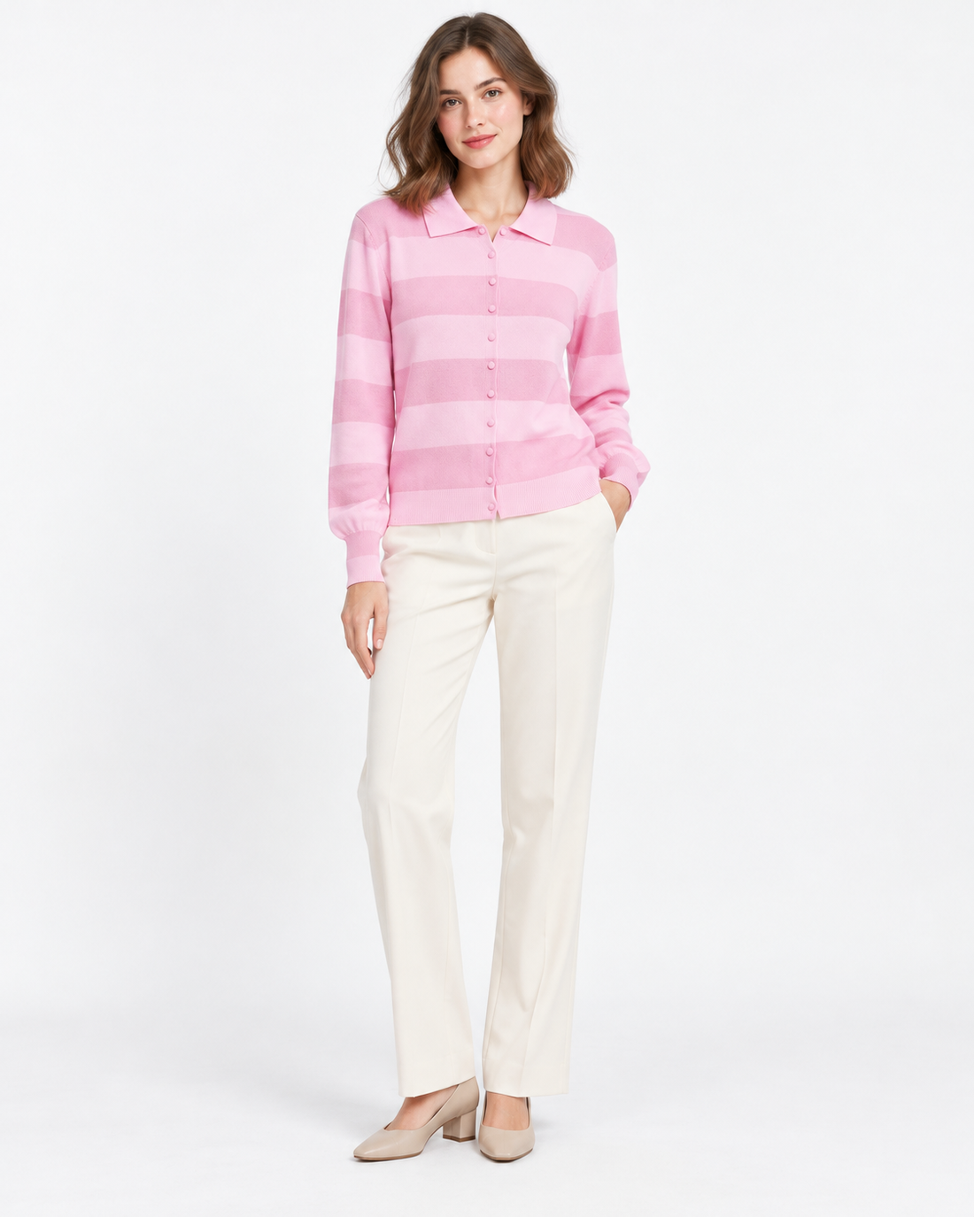 CARDIGAN RAYÉ ROSE BOUTONNÉ