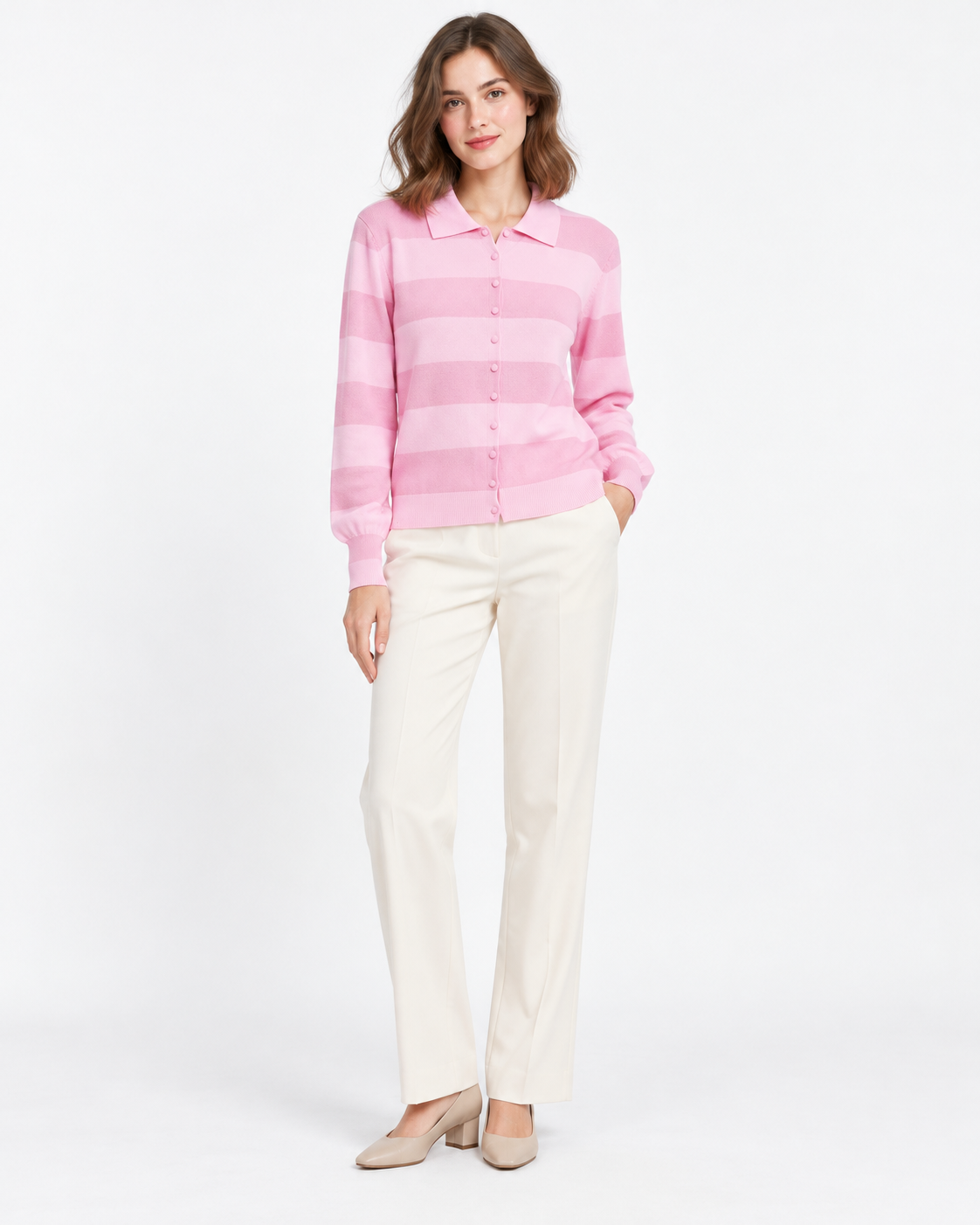 CARDIGAN RAYÉ ROSE BOUTONNÉ