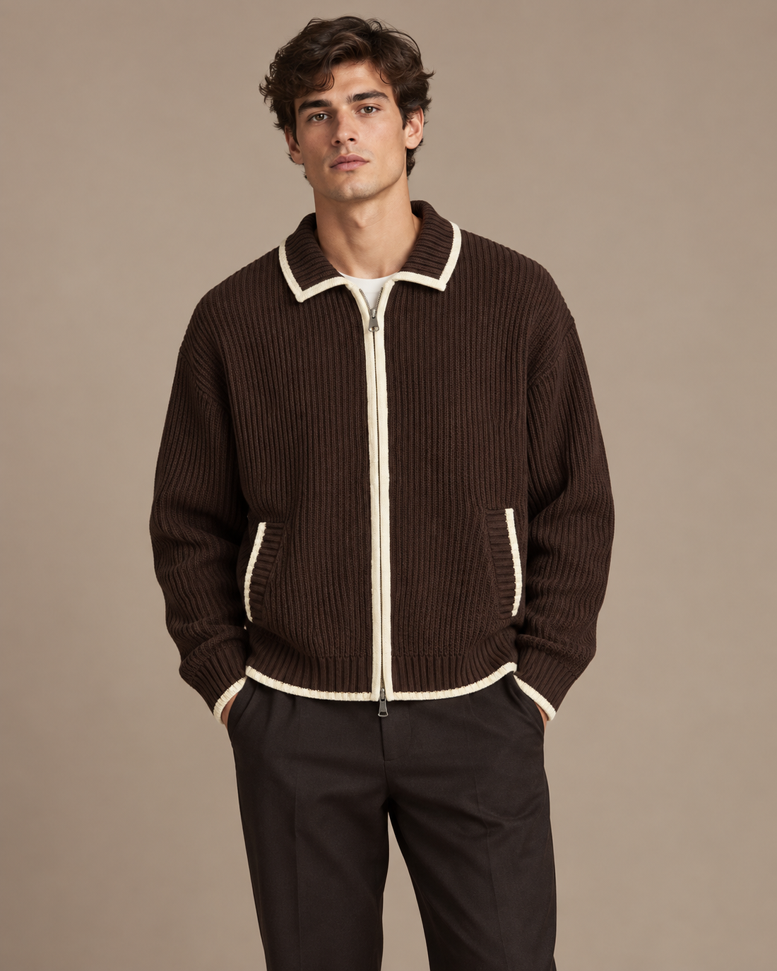 CARDIGAN ZIPPÉ À COL CONTRASTÉ