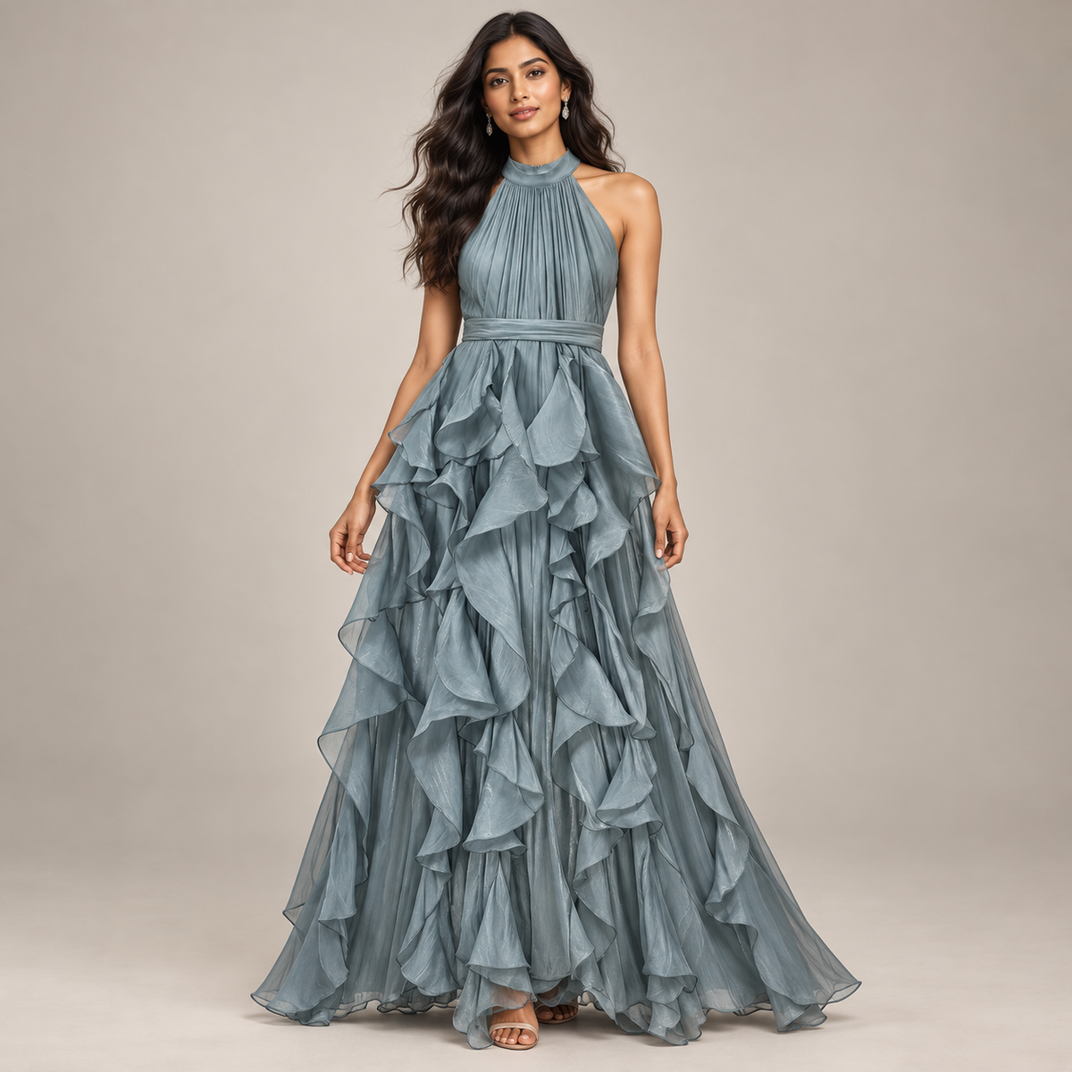 ROBE LONGUE À VOLANTS COL AMÉRICAIN
