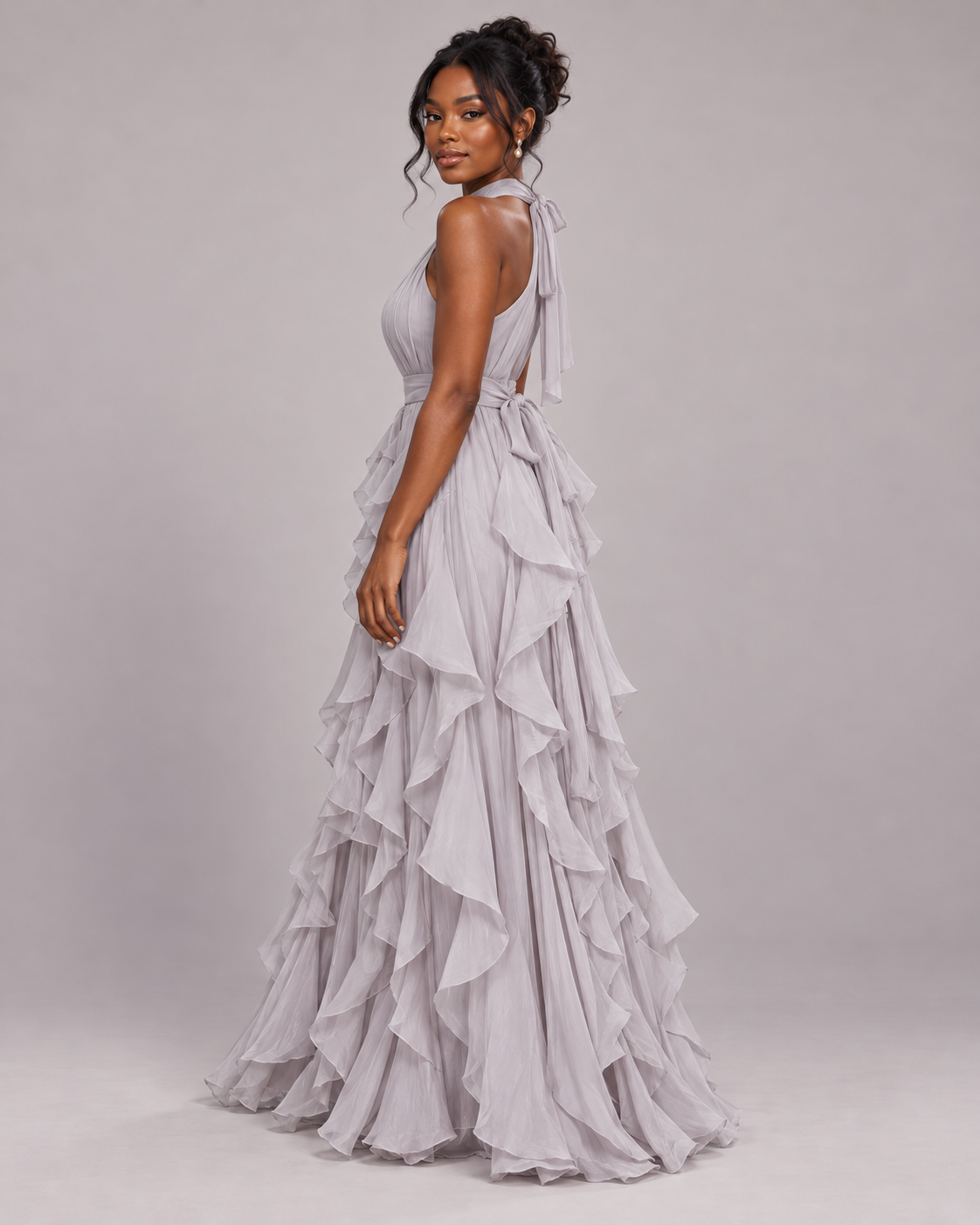 ROBE LONGUE À VOLANTS COL AMÉRICAIN