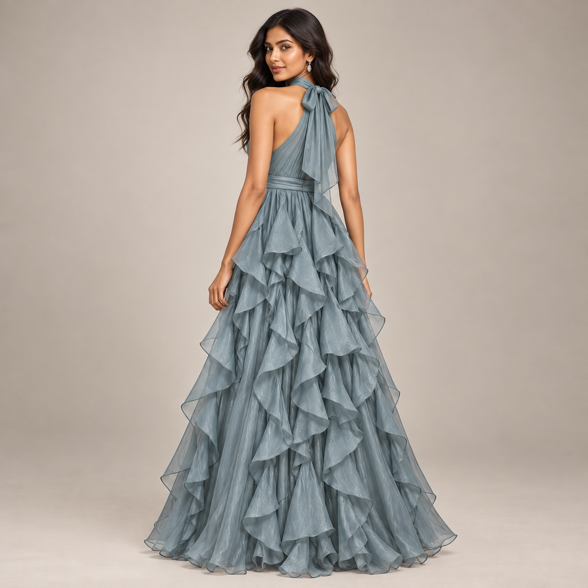 ROBE LONGUE À VOLANTS COL AMÉRICAIN