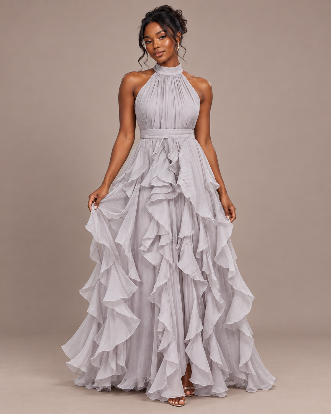 ROBE LONGUE À VOLANTS COL AMÉRICAIN