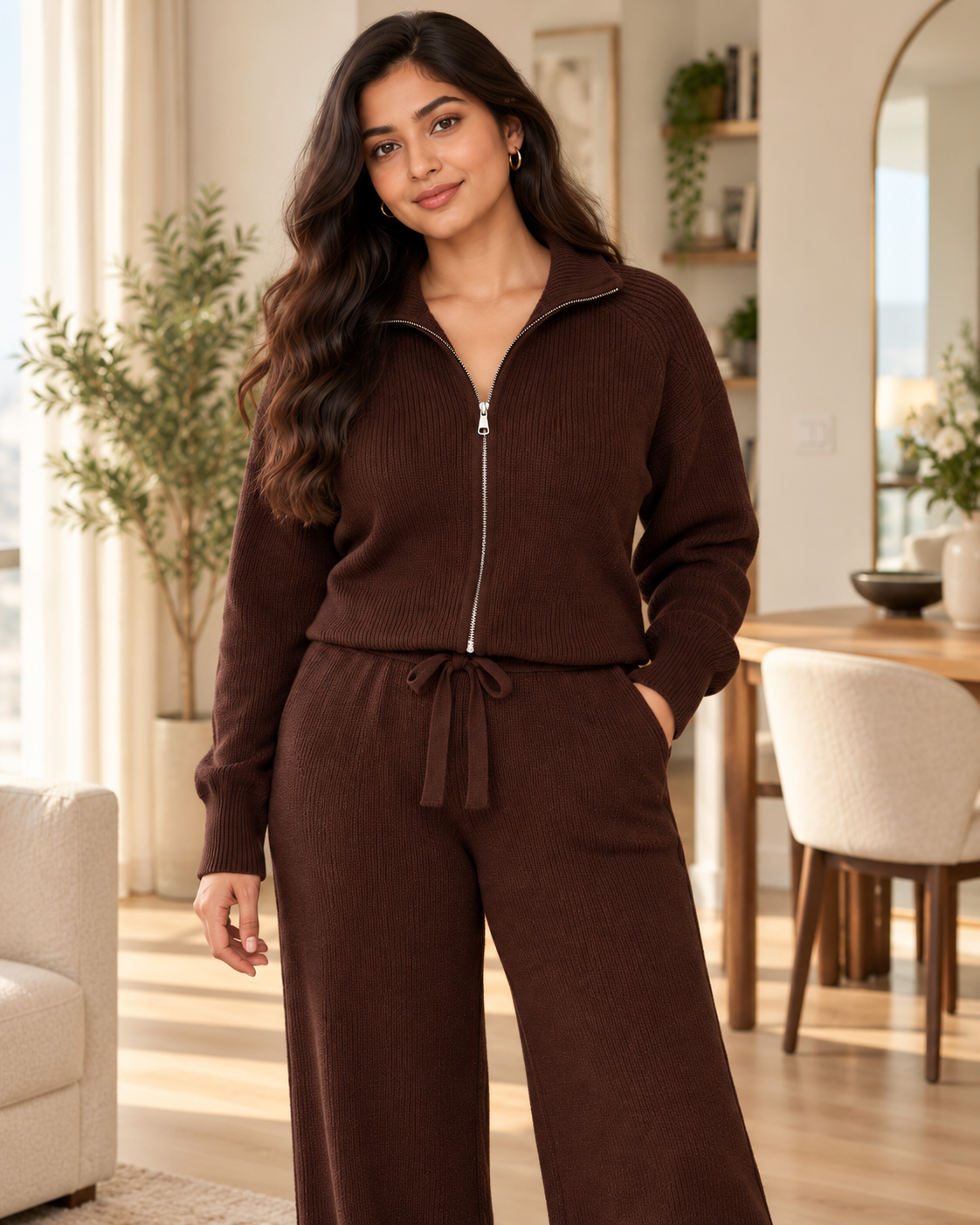 ENSEMBLE VESTE ZIPPÉE PANTALON CORDON EN MAILLE