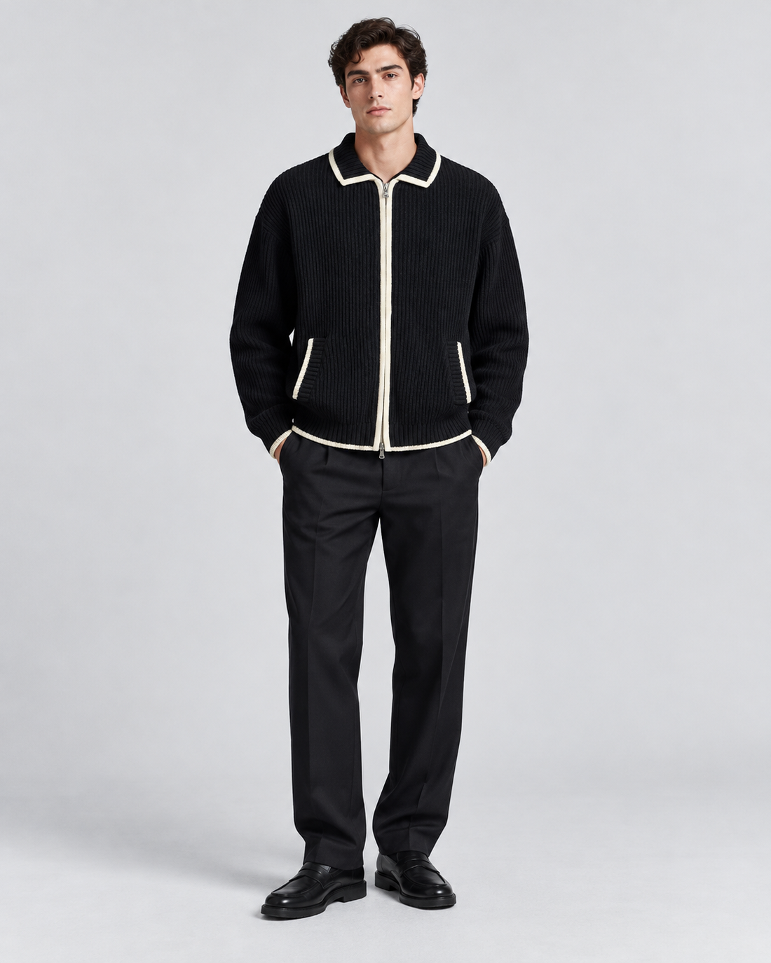 CARDIGAN ZIPPÉ À COL CONTRASTÉ