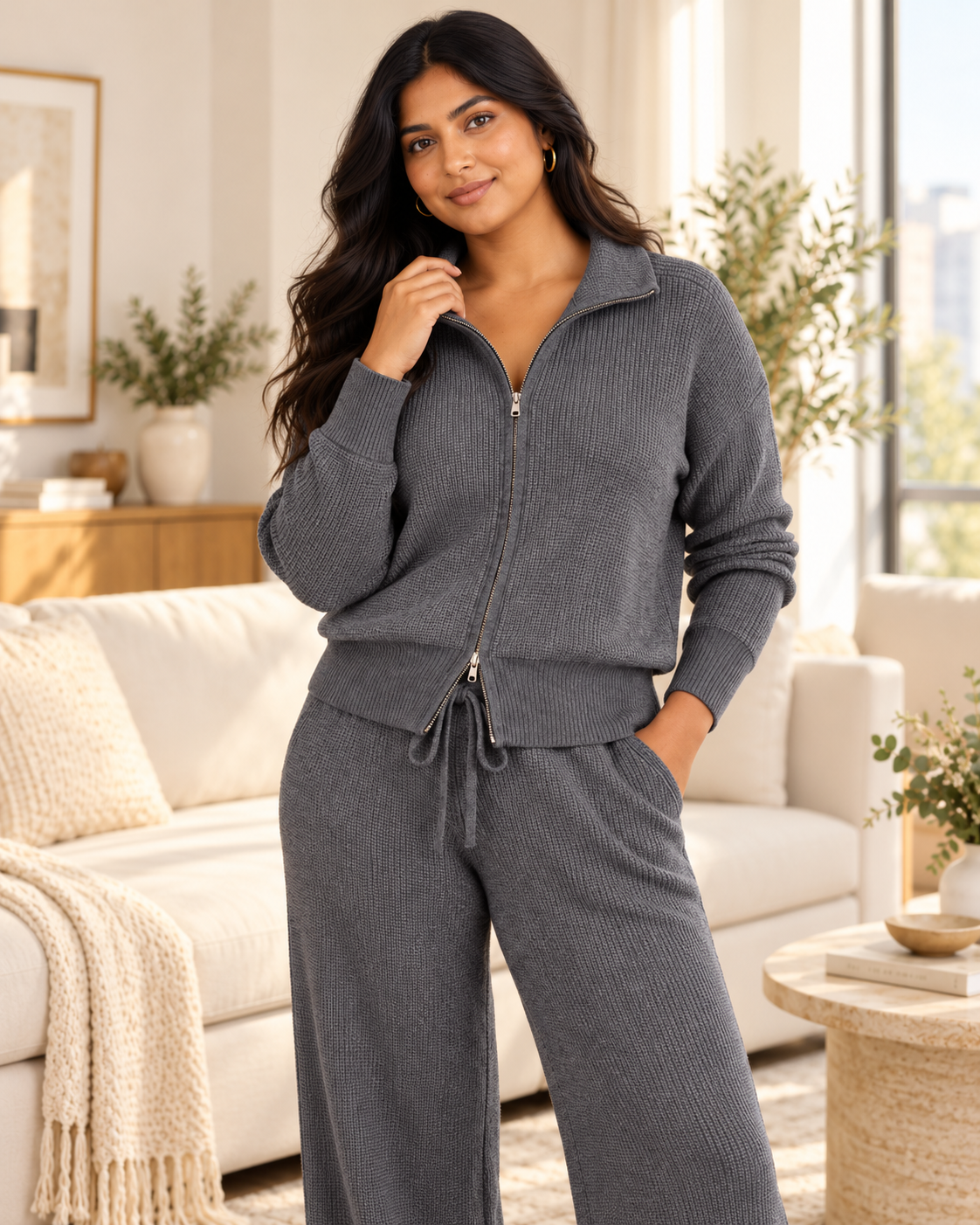 ENSEMBLE VESTE ZIPPÉE PANTALON CORDON EN MAILLE