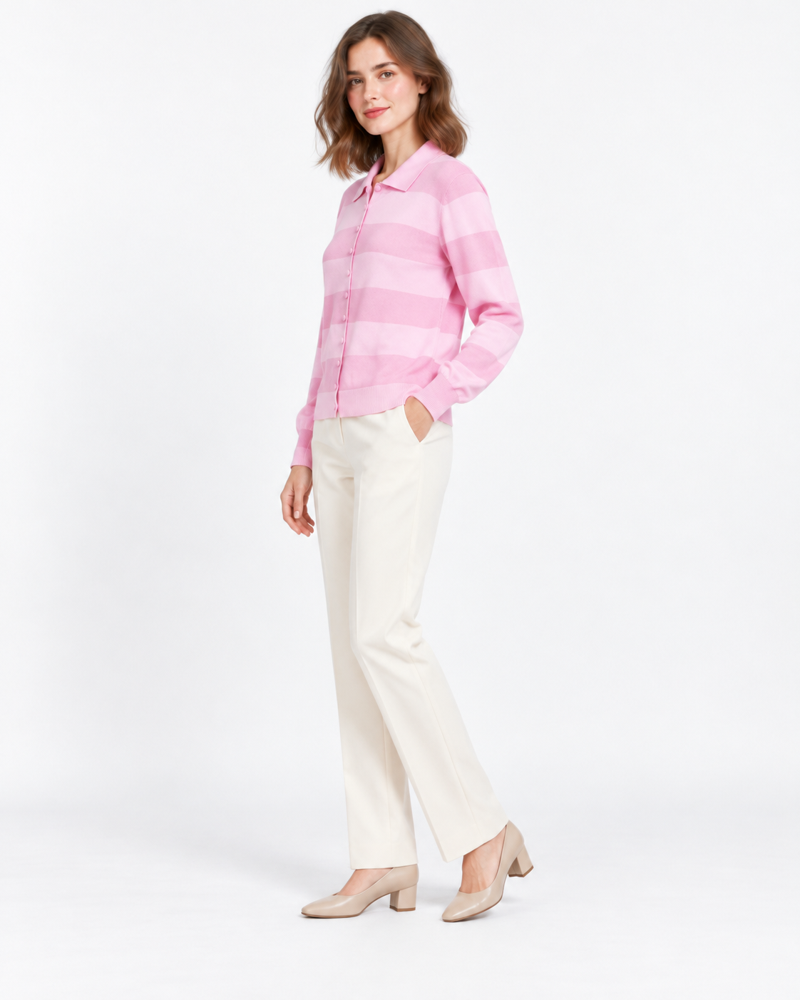 CARDIGAN RAYÉ ROSE BOUTONNÉ