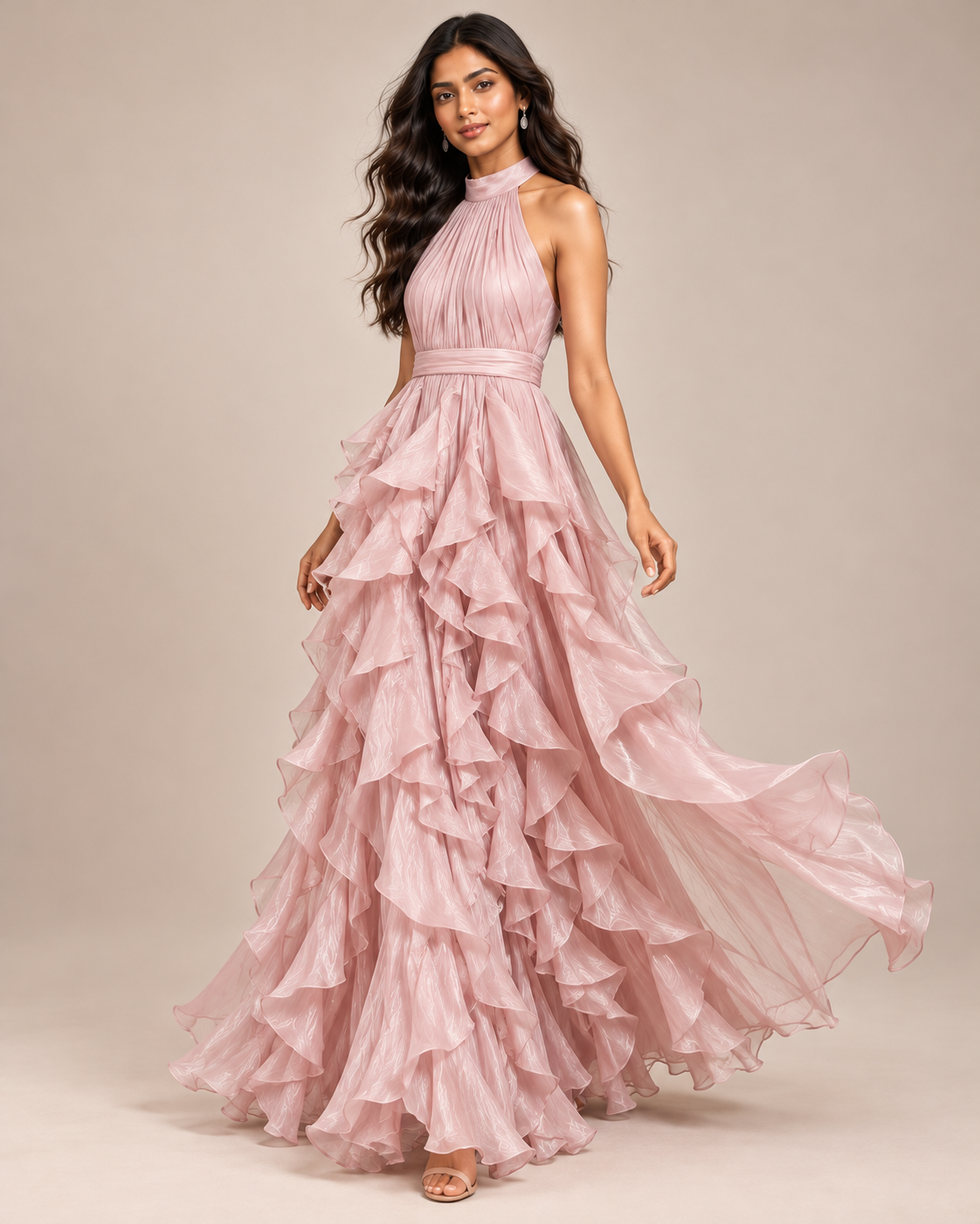 ROBE LONGUE À VOLANTS COL AMÉRICAIN
