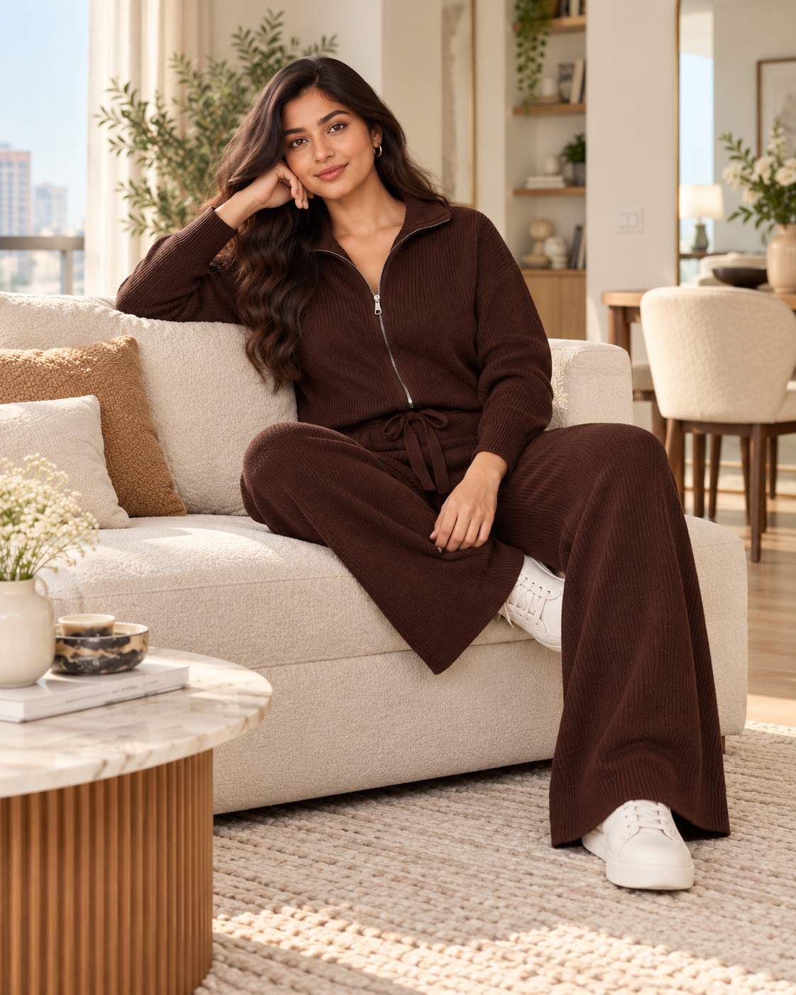ENSEMBLE VESTE ZIPPÉE PANTALON CORDON EN MAILLE
