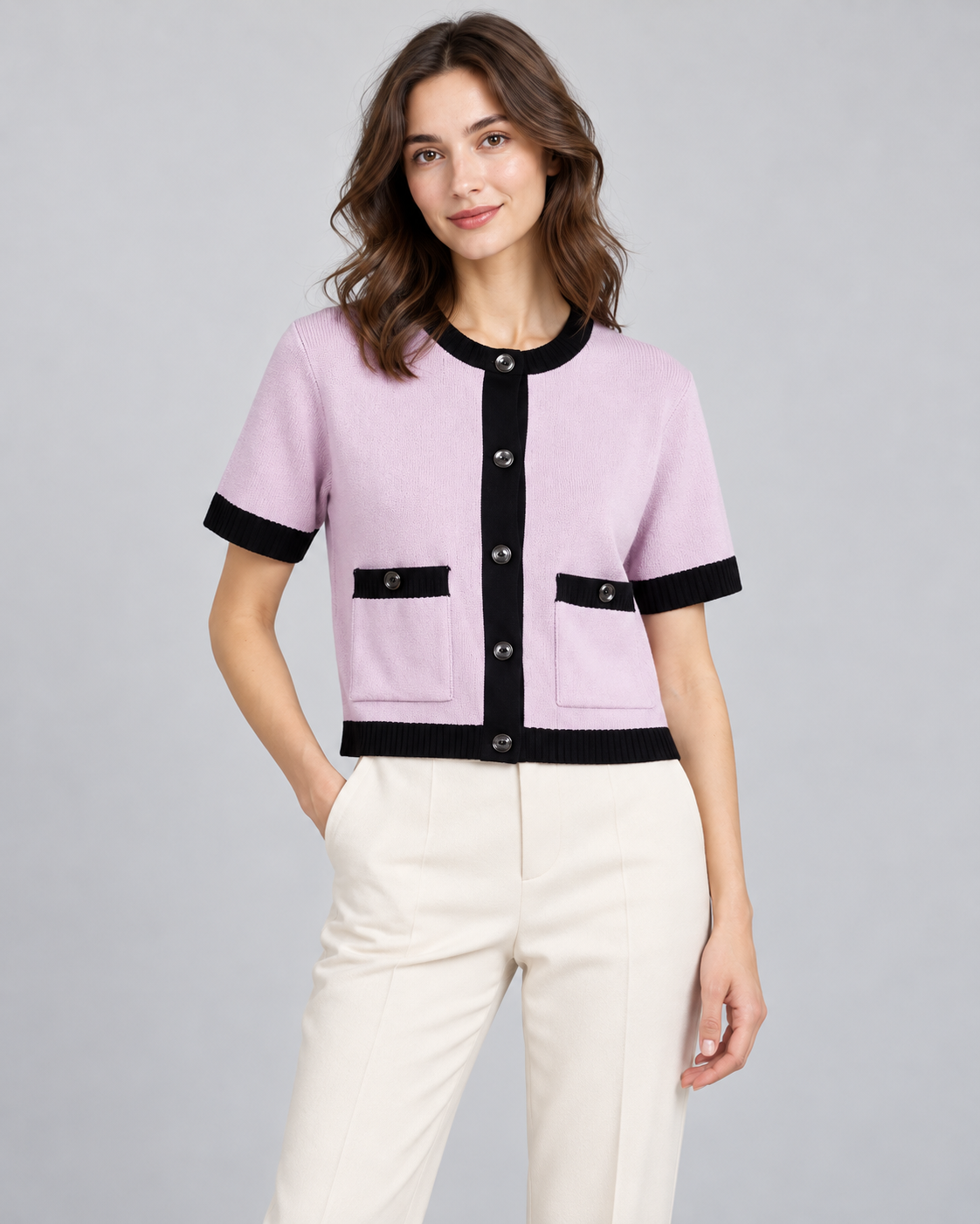 CARDIGAN MANCHES COURTES CONSTRASTÉ