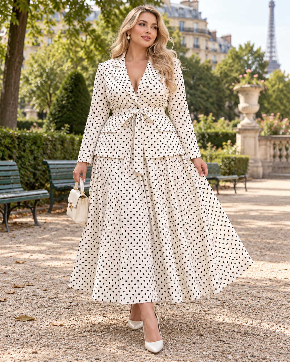 ENSEMBLE BLOUSE NOUÉE JUPE À POIS