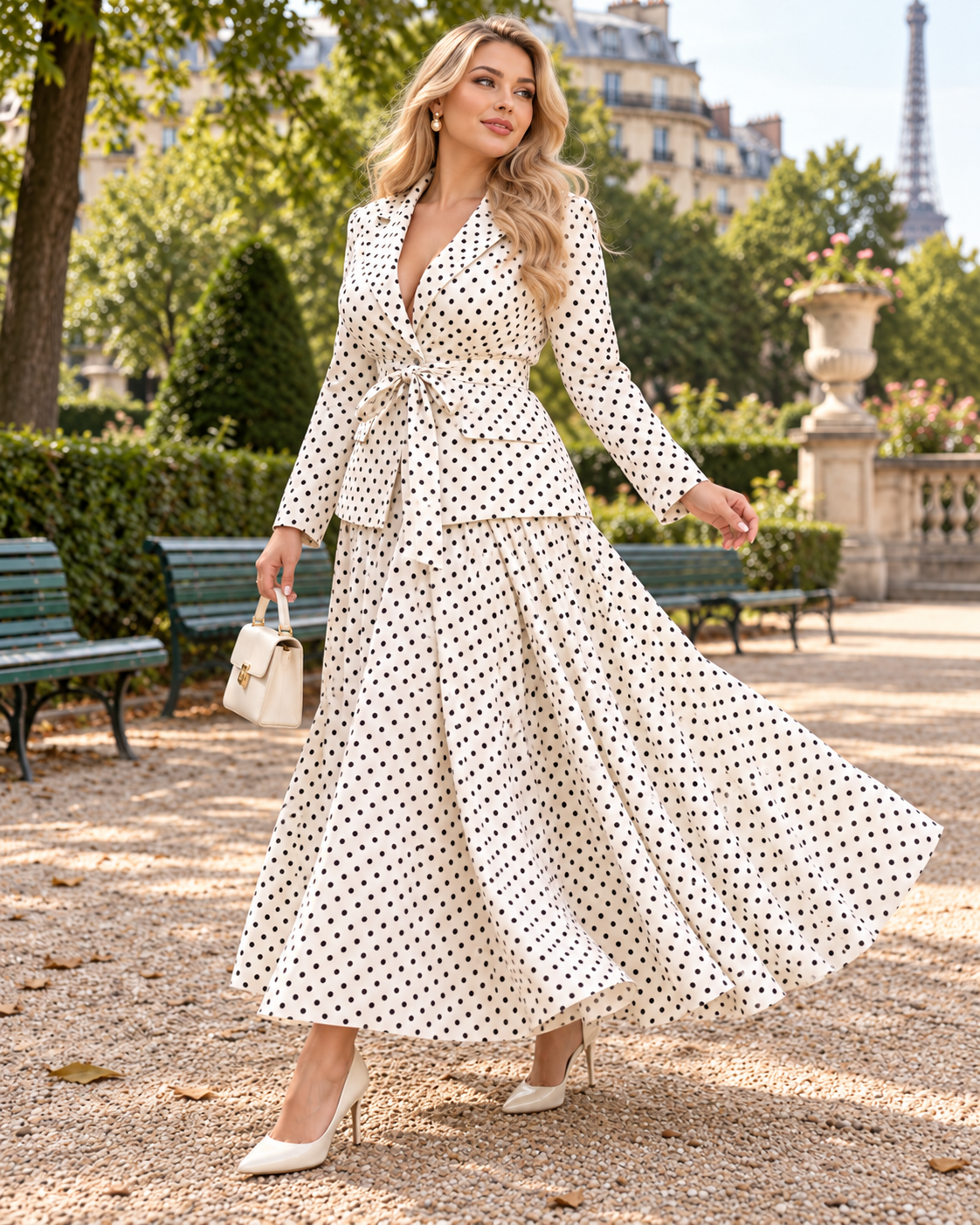 ENSEMBLE BLOUSE NOUÉE JUPE À POIS