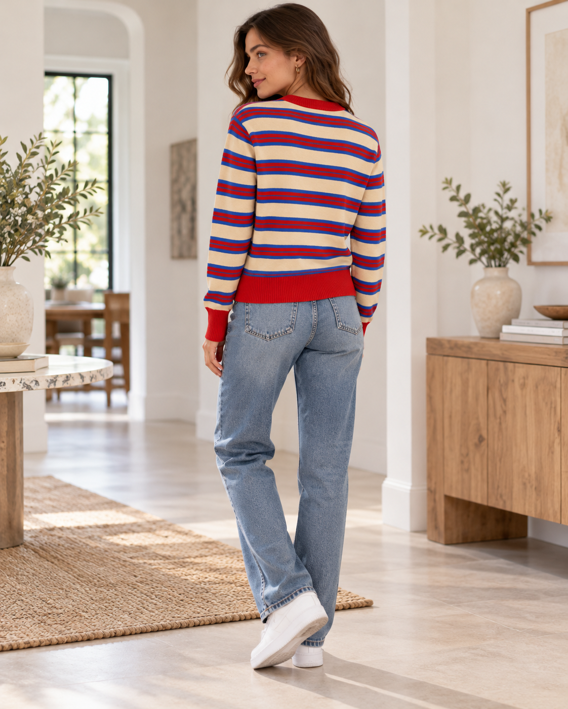 PULL COL ROND RAYÉ ROUGE/BLEU