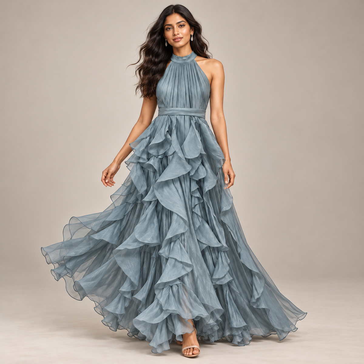 ROBE LONGUE À VOLANTS COL AMÉRICAIN
