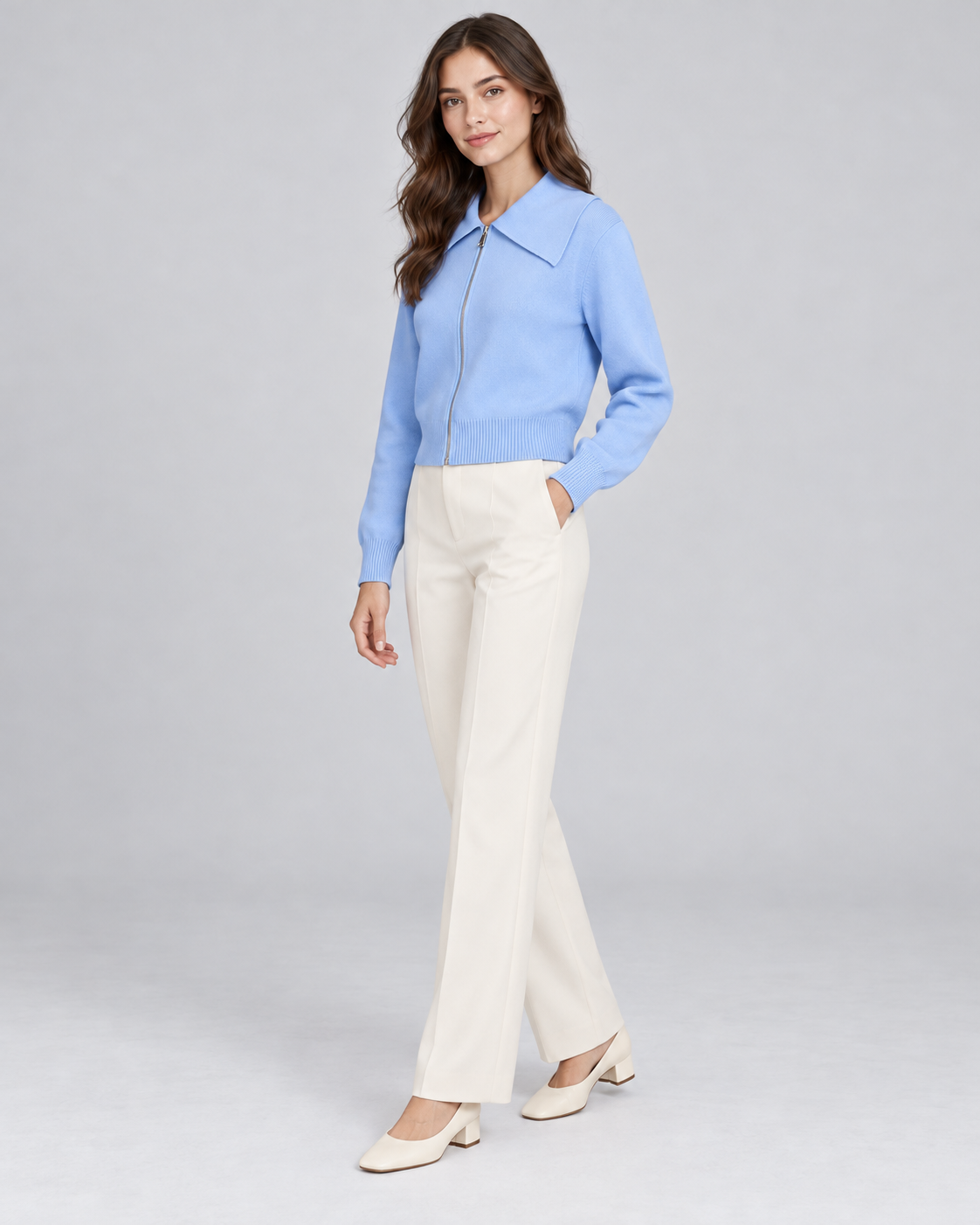 CARDIGAN ZIPPÉ BLEU AVEC COL