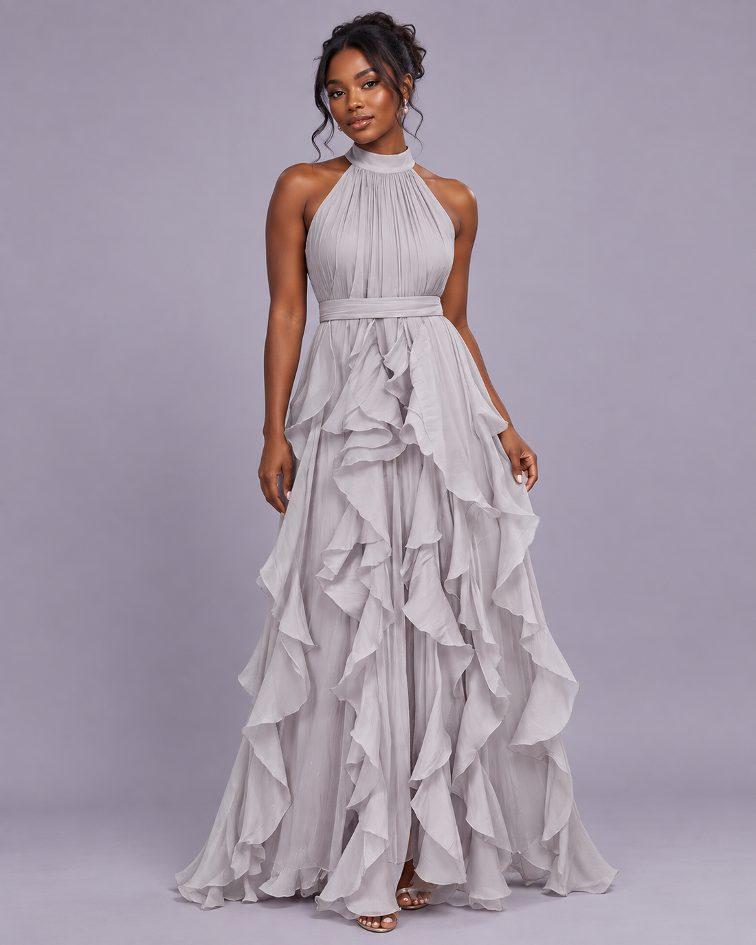 ROBE LONGUE À VOLANTS COL AMÉRICAIN