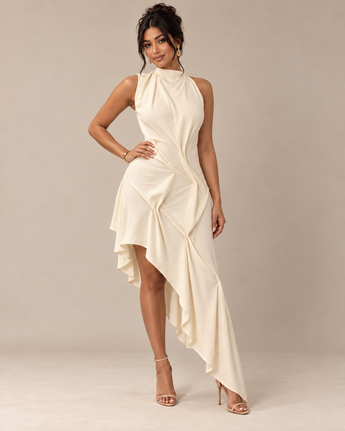 ROBE LONGUE ASYMÉTRIQUE COL AMÉRICAIN