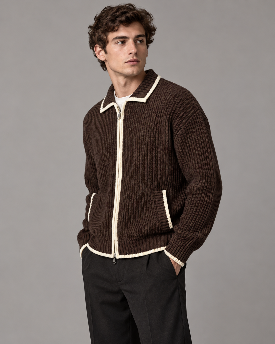 CARDIGAN ZIPPÉ À COL CONTRASTÉ