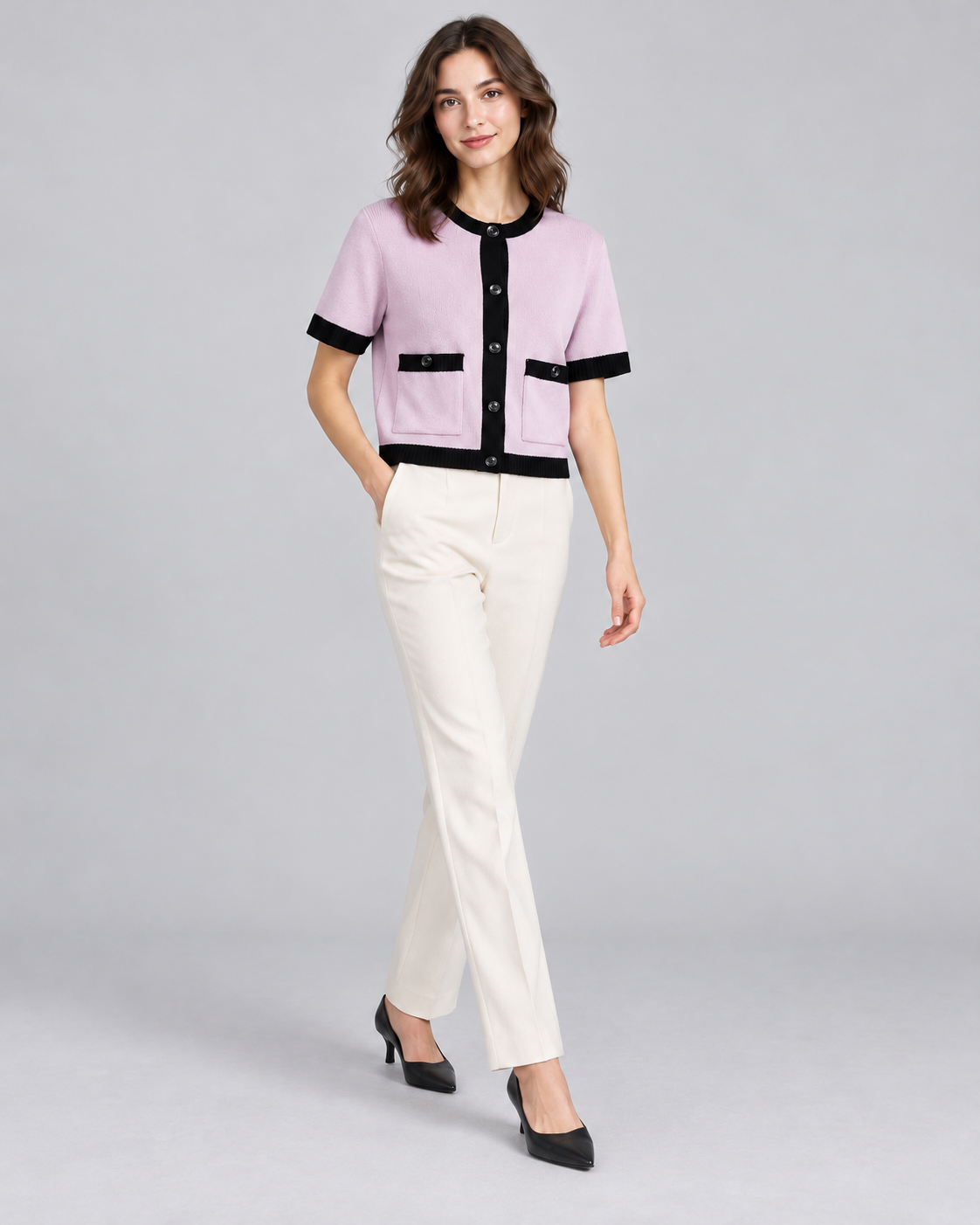 CARDIGAN MANCHES COURTES CONSTRASTÉ