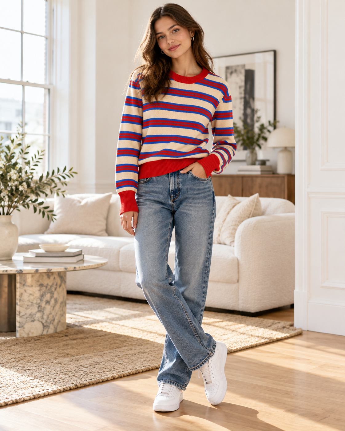 PULL COL ROND RAYÉ ROUGE/BLEU