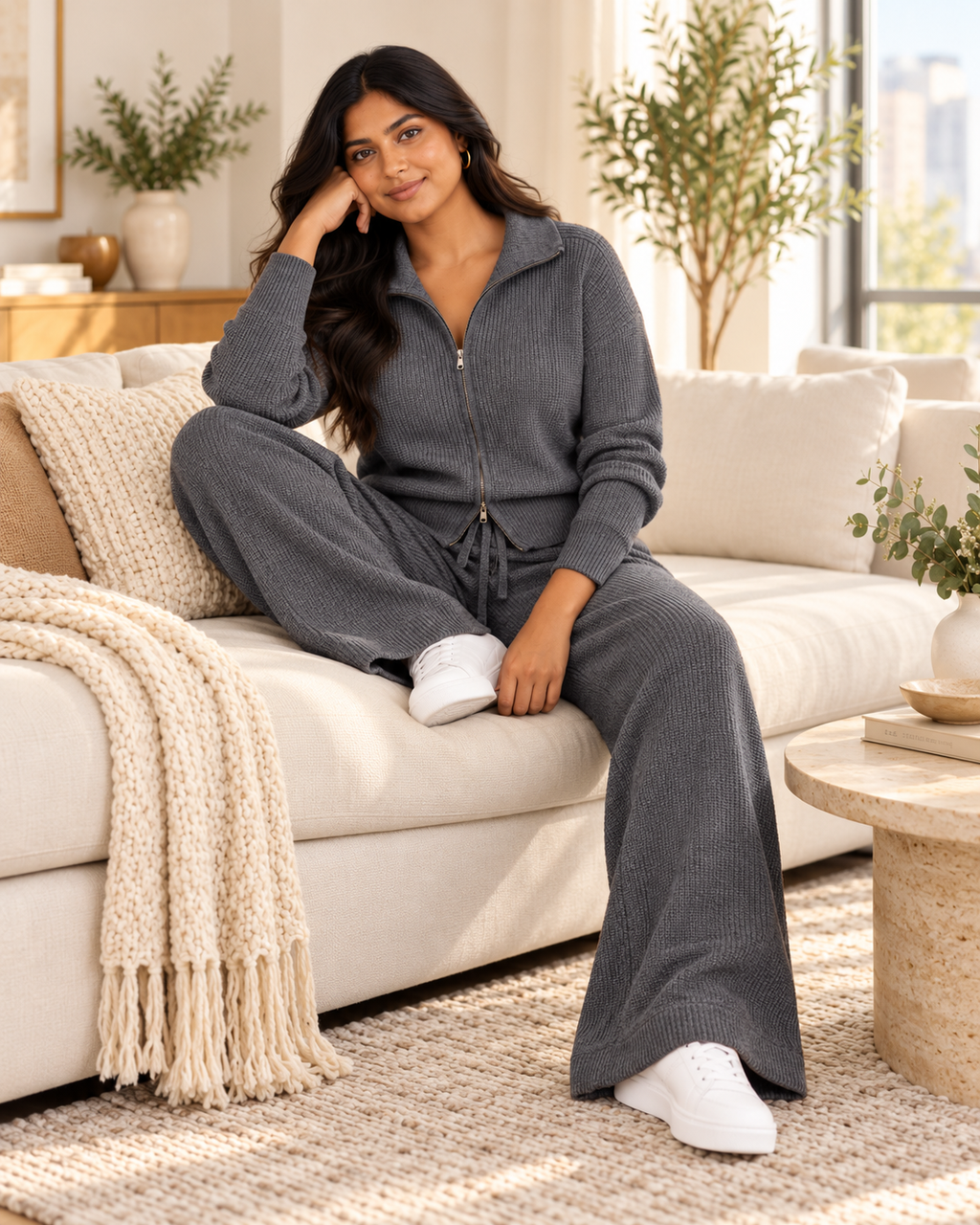 ENSEMBLE VESTE ZIPPÉE PANTALON CORDON EN MAILLE