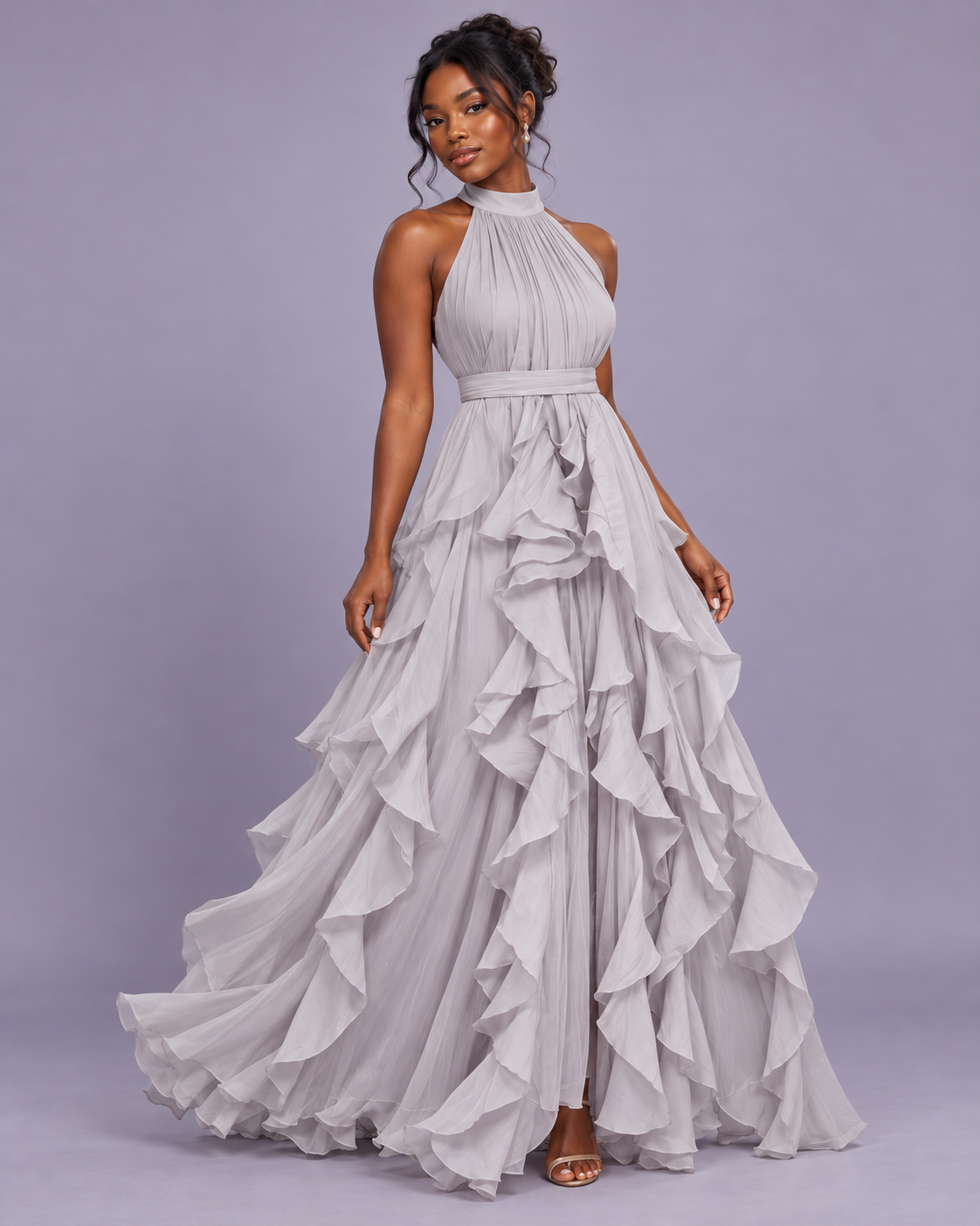 ROBE LONGUE À VOLANTS COL AMÉRICAIN