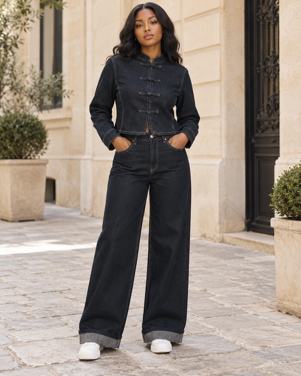 ENSEMBLE VESTE BOUTONS CHINOIS JEAN LARGE