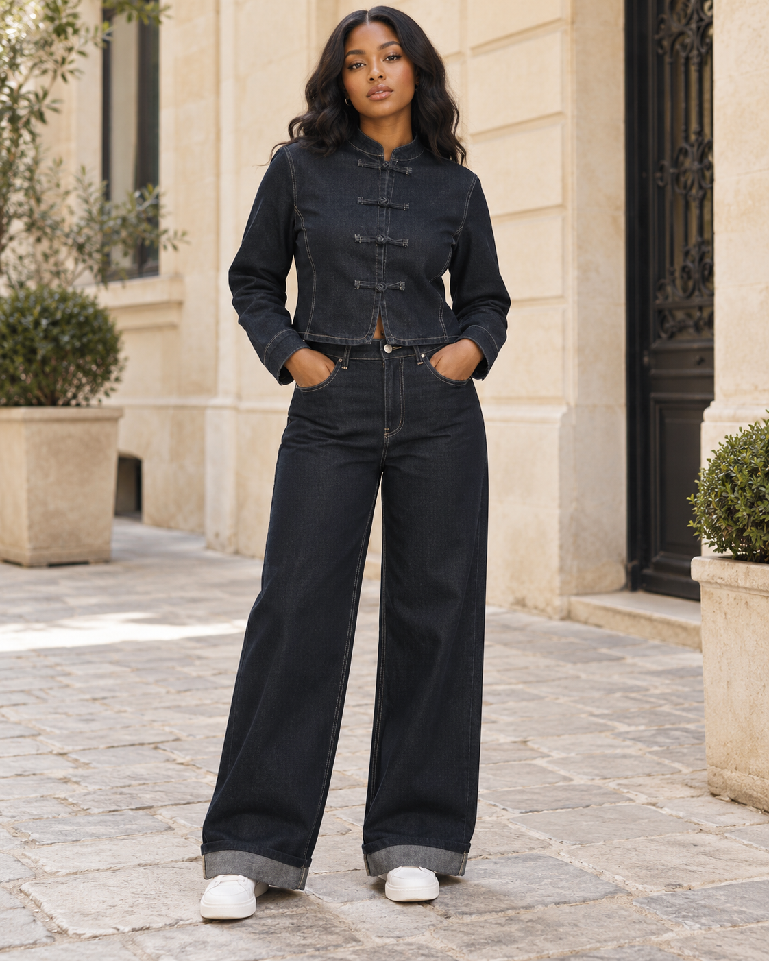 ENSEMBLE VESTE BOUTONS CHINOIS JEAN LARGE