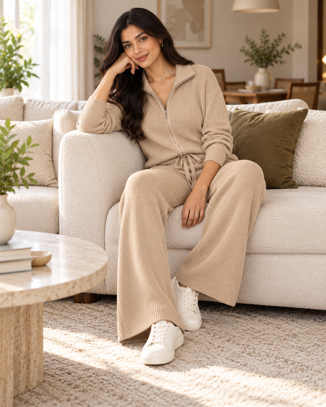 ENSEMBLE VESTE ZIPPÉE PANTALON CORDON EN MAILLE